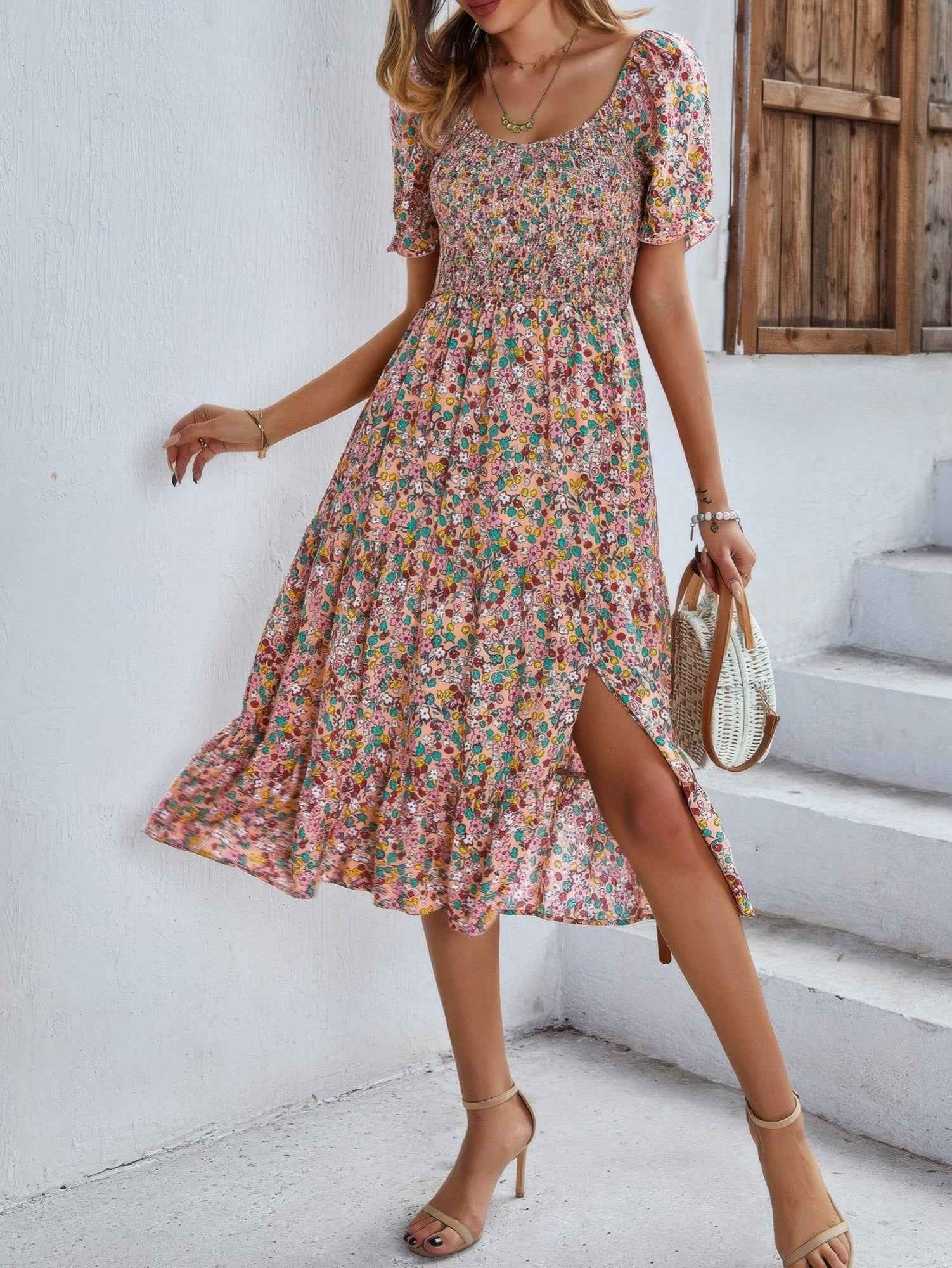 Bohemia Floral Puff Sleeve Flounce Sleeve Dress