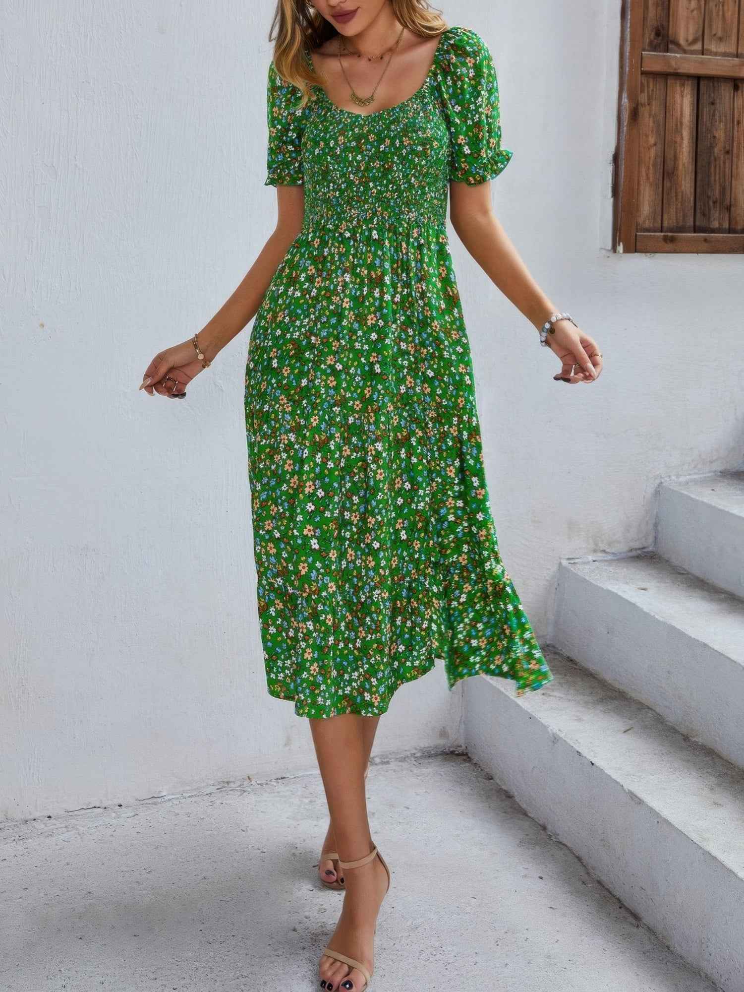 Bohemia Floral Puff Sleeve Flounce Sleeve Dress