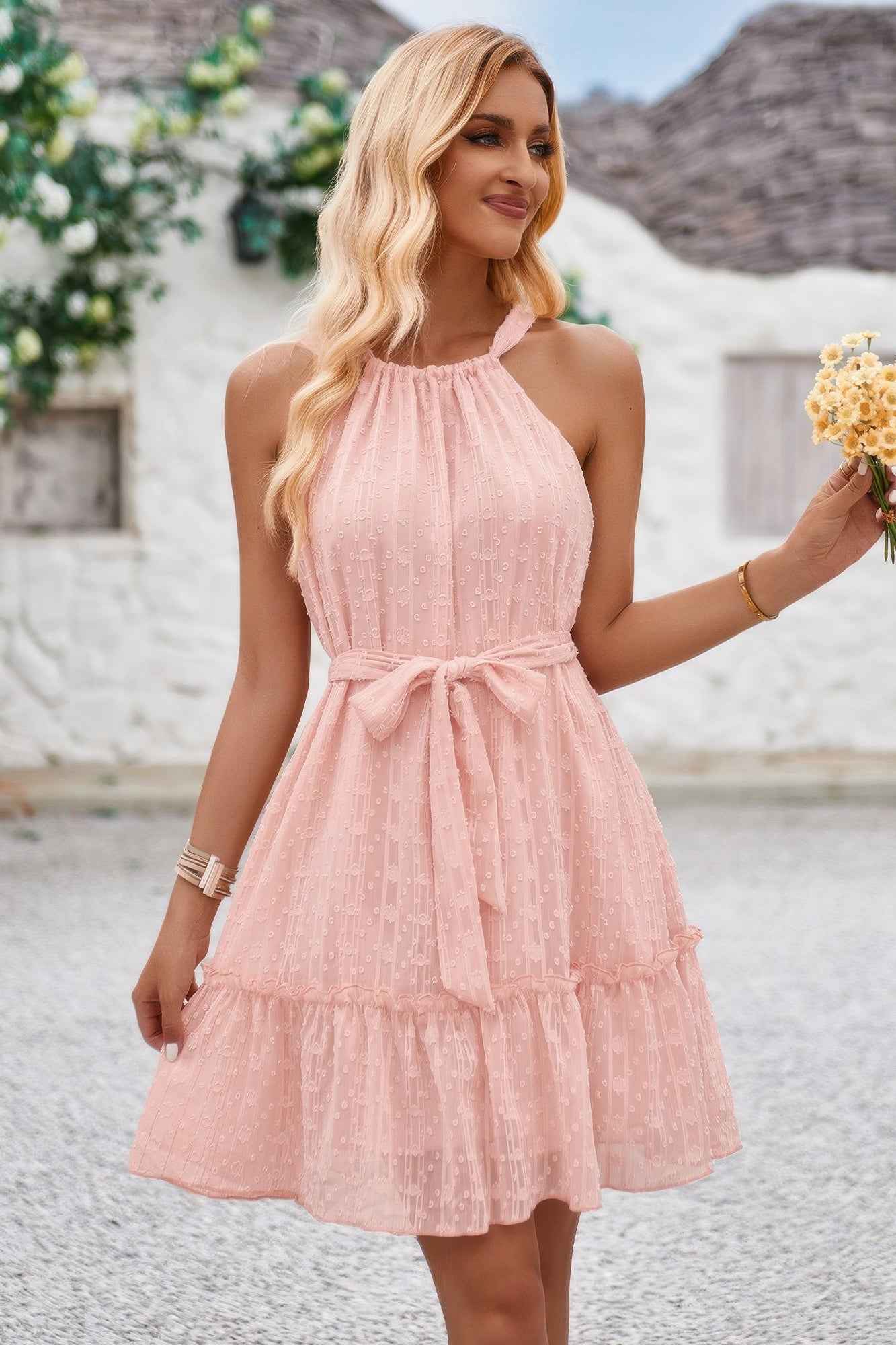 Solid Halter Neck Sleeveless Waist Tie Ruffle Dres