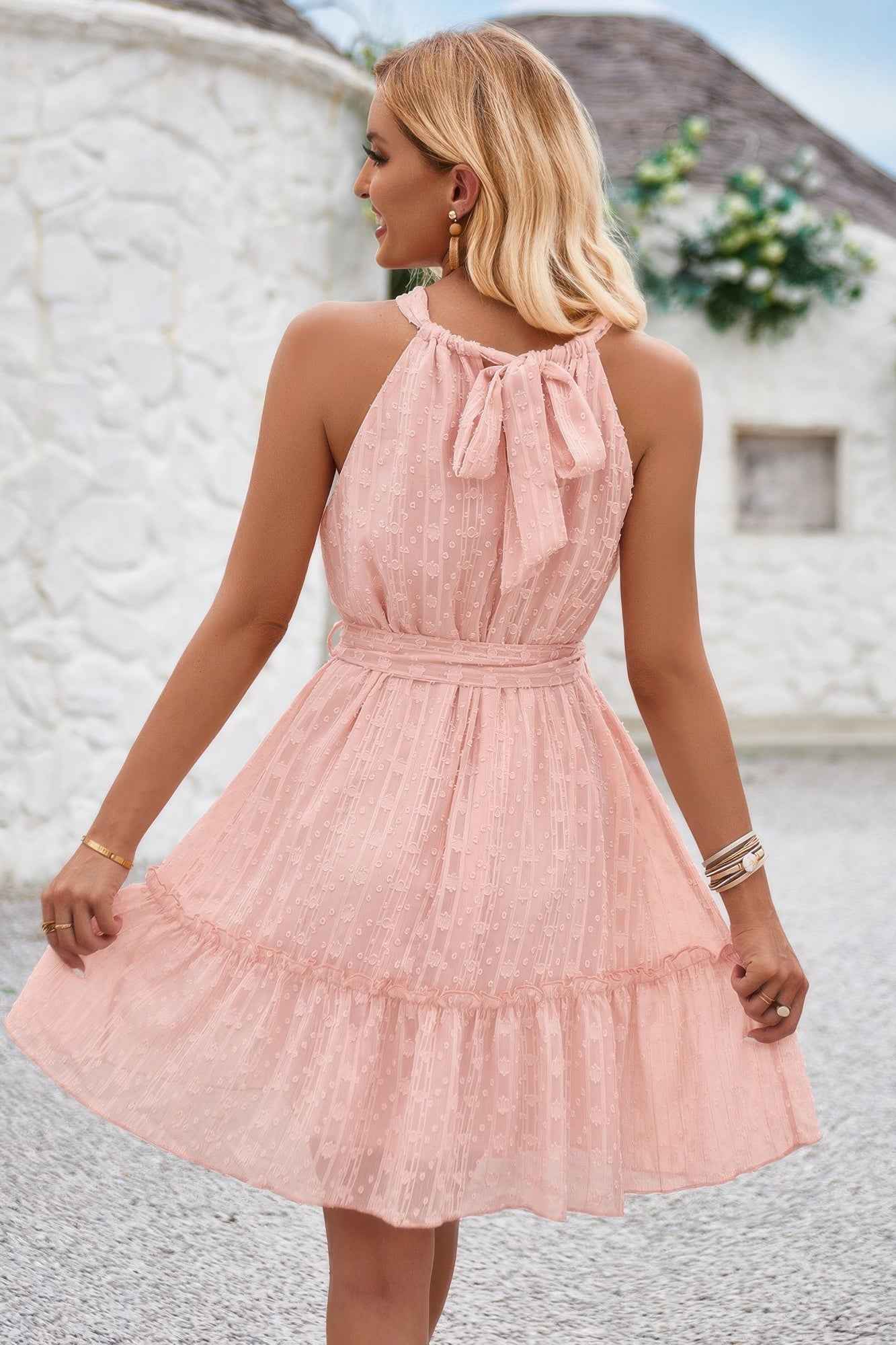 Solid Halter Neck Sleeveless Waist Tie Ruffle Dres