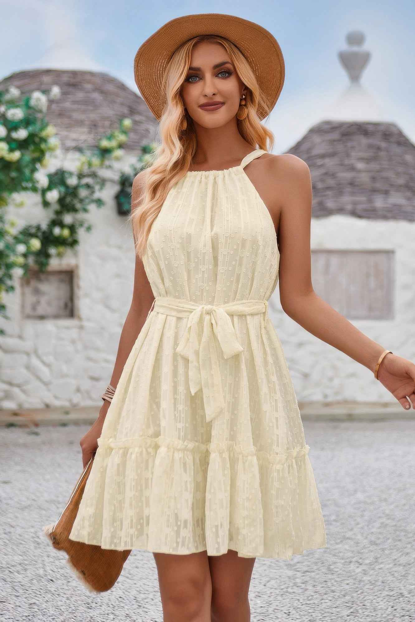 Solid Halter Neck Sleeveless Waist Tie Ruffle Dres