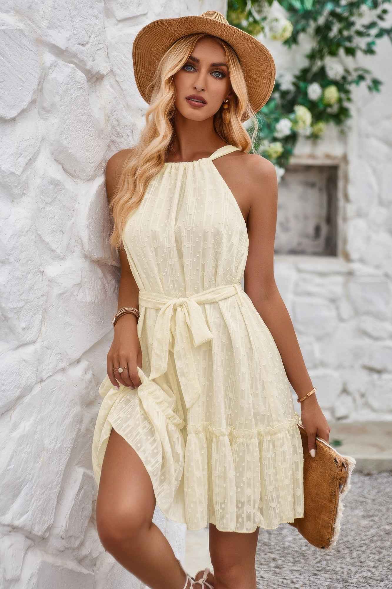 Solid Halter Neck Sleeveless Waist Tie Ruffle Dres