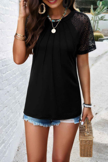 Pure Color Hollow Out Sleeve Round Neck T Shirt