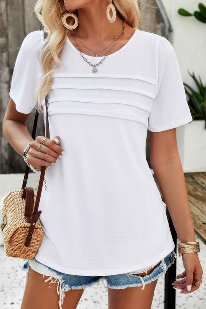 Crew Neck Short Sleeve Pleated Elegant Tee T Shirt
