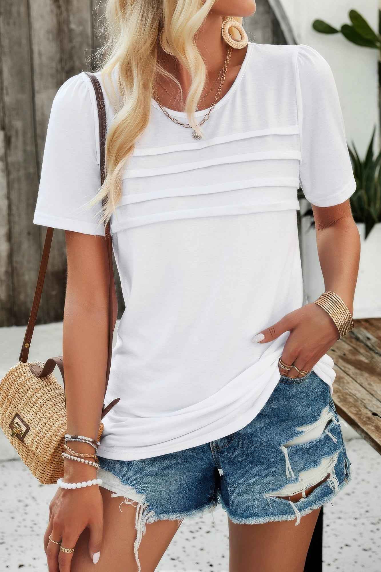 Crew Neck Short Sleeve Pleated Elegant Tee T Shirt