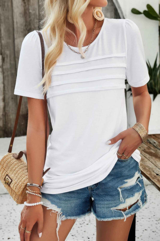 Crew Neck Short Sleeve Pleated Elegant Tee T Shirt