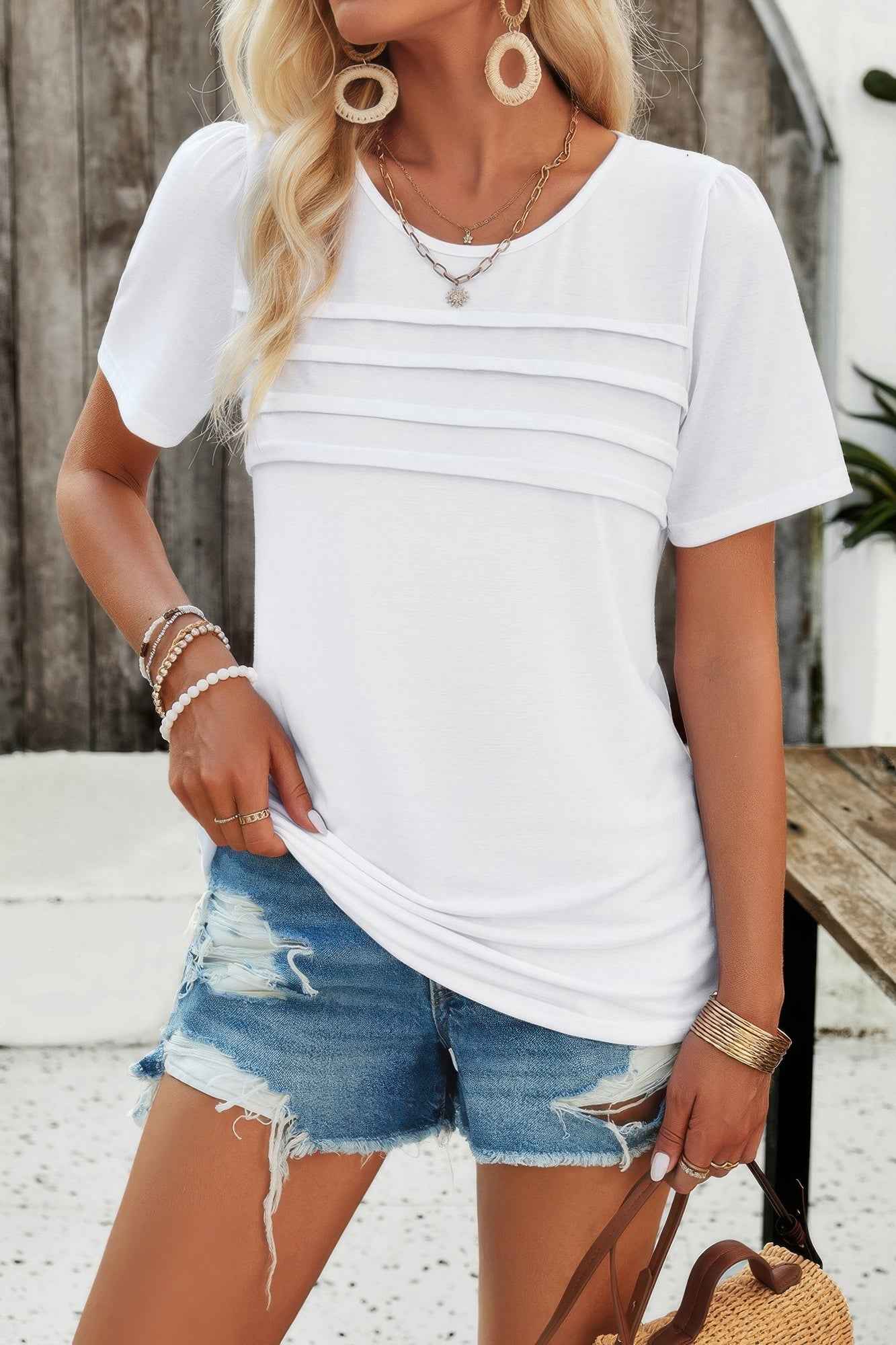 Crew Neck Short Sleeve Pleated Elegant Tee T Shirt