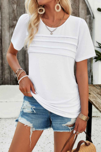 Crew Neck Short Sleeve Pleated Elegant Tee T Shirt