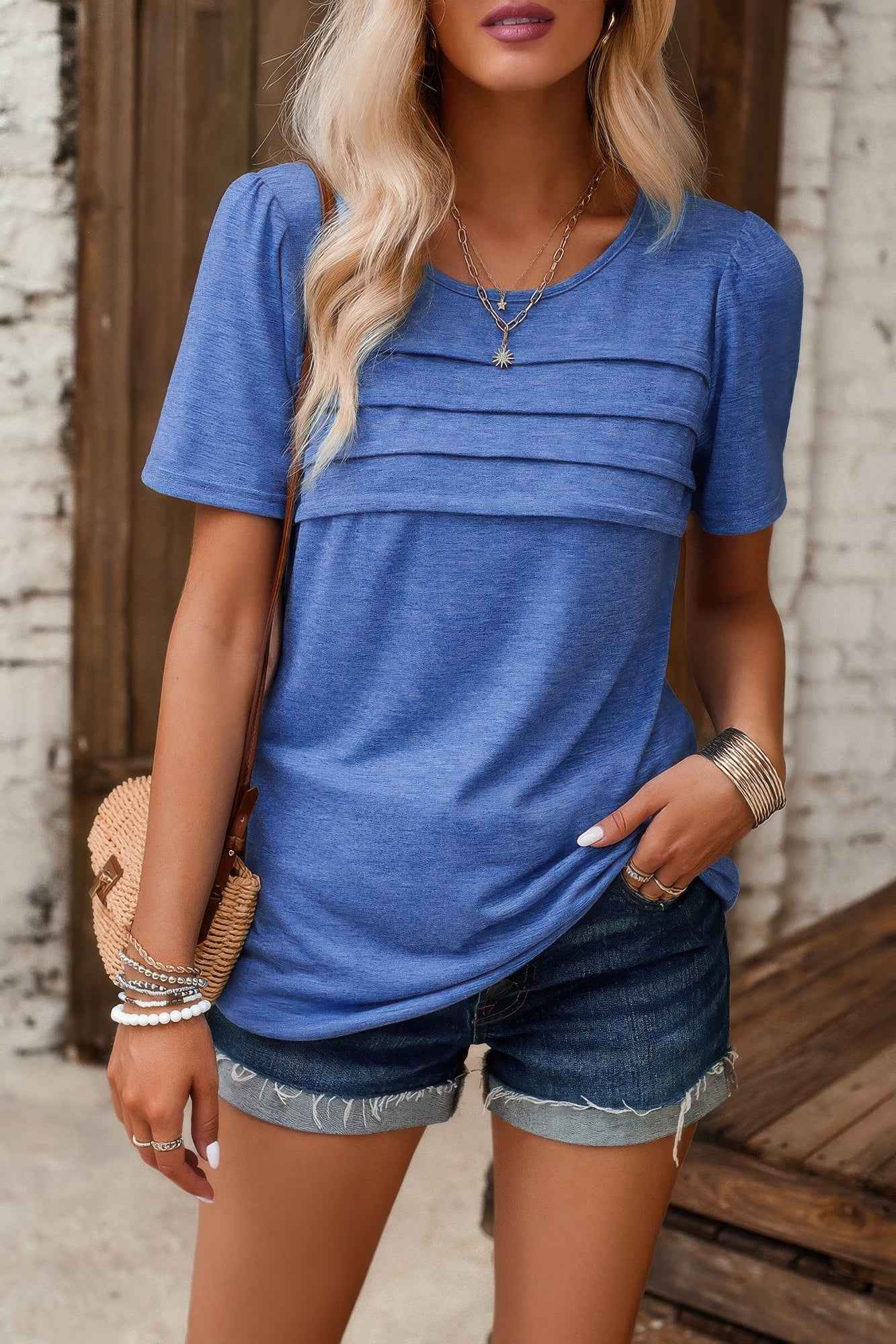 Crew Neck Short Sleeve Pleated Elegant Tee T Shirt