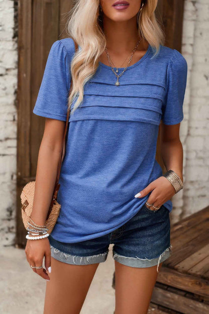 Crew Neck Short Sleeve Pleated Elegant Tee T Shirt