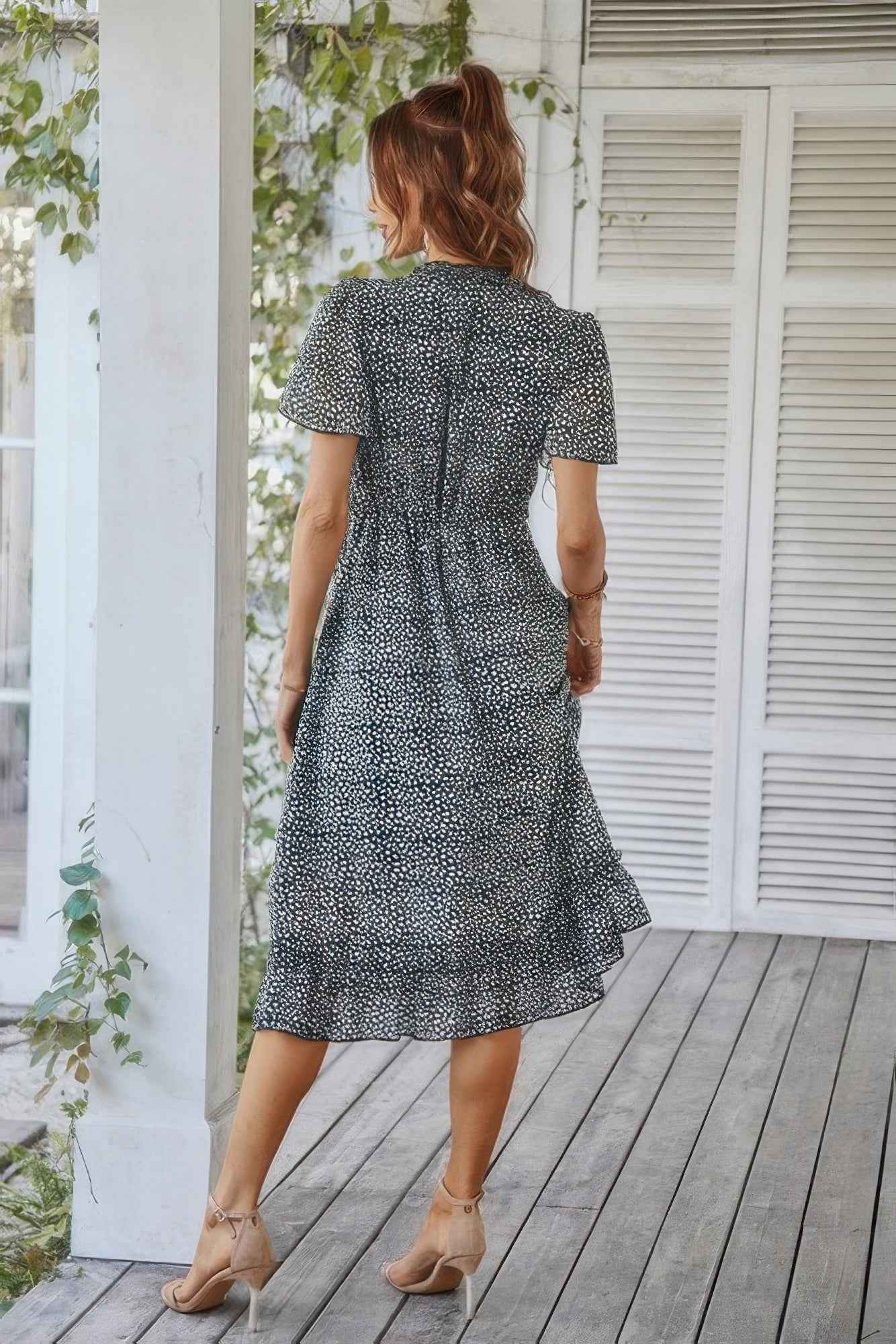 Deep V Neck Floral Boho Ruffle Short Sleeve Dress