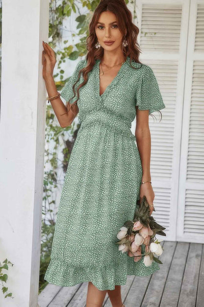 Deep V Neck Floral Boho Ruffle Short Sleeve Dress