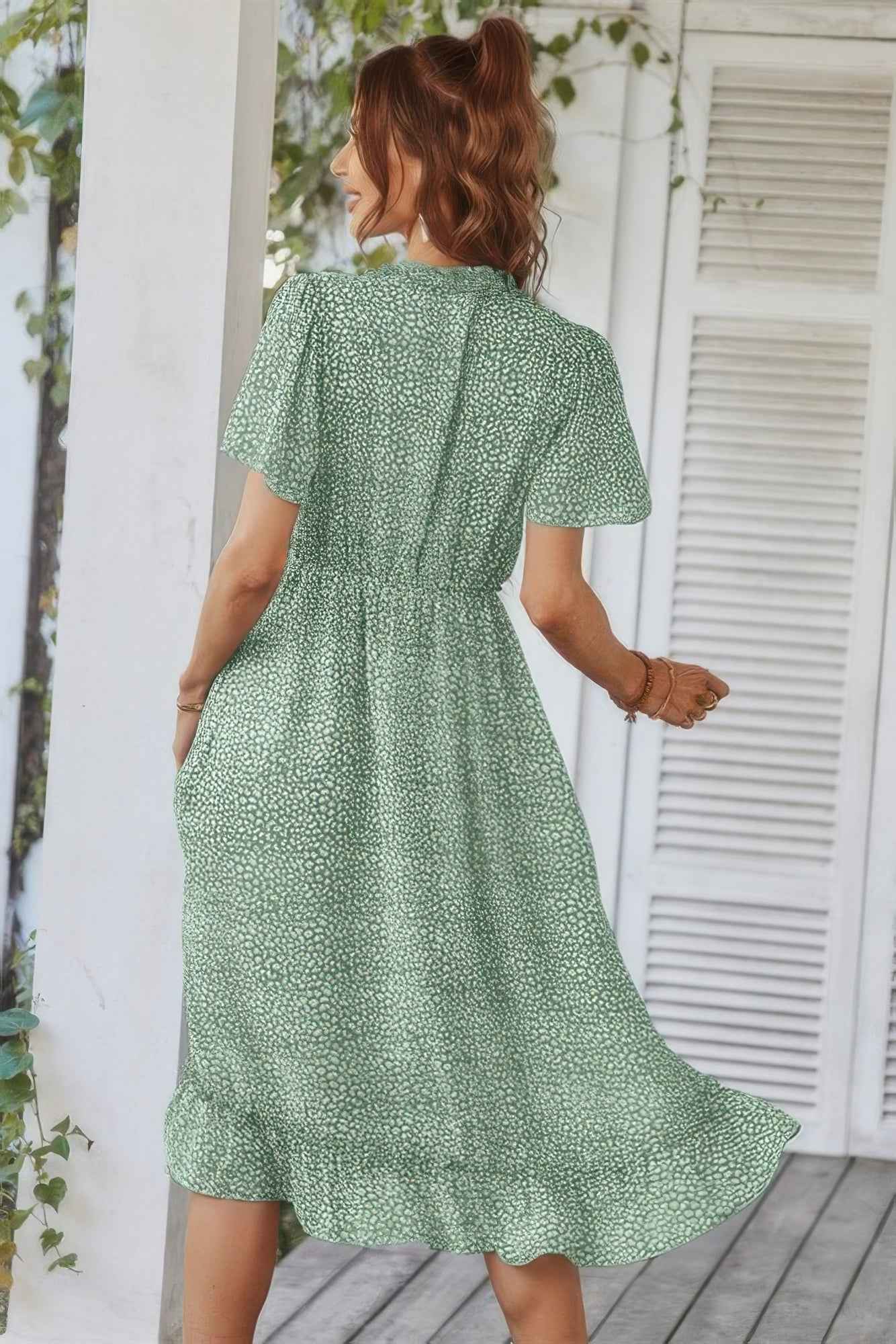 Deep V Neck Floral Boho Ruffle Short Sleeve Dress