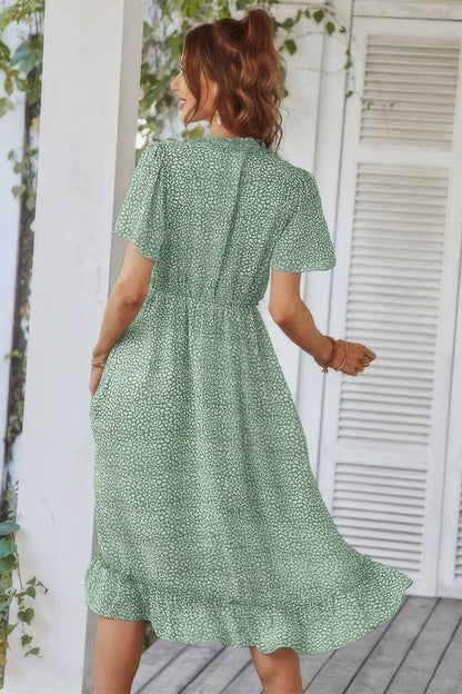 Deep V Neck Floral Boho Ruffle Short Sleeve Dress