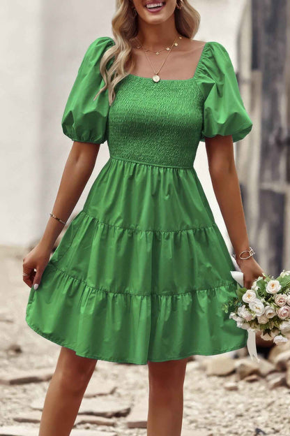 Square Neck Ruched Balloon Sleeve Smocked Midi Dress