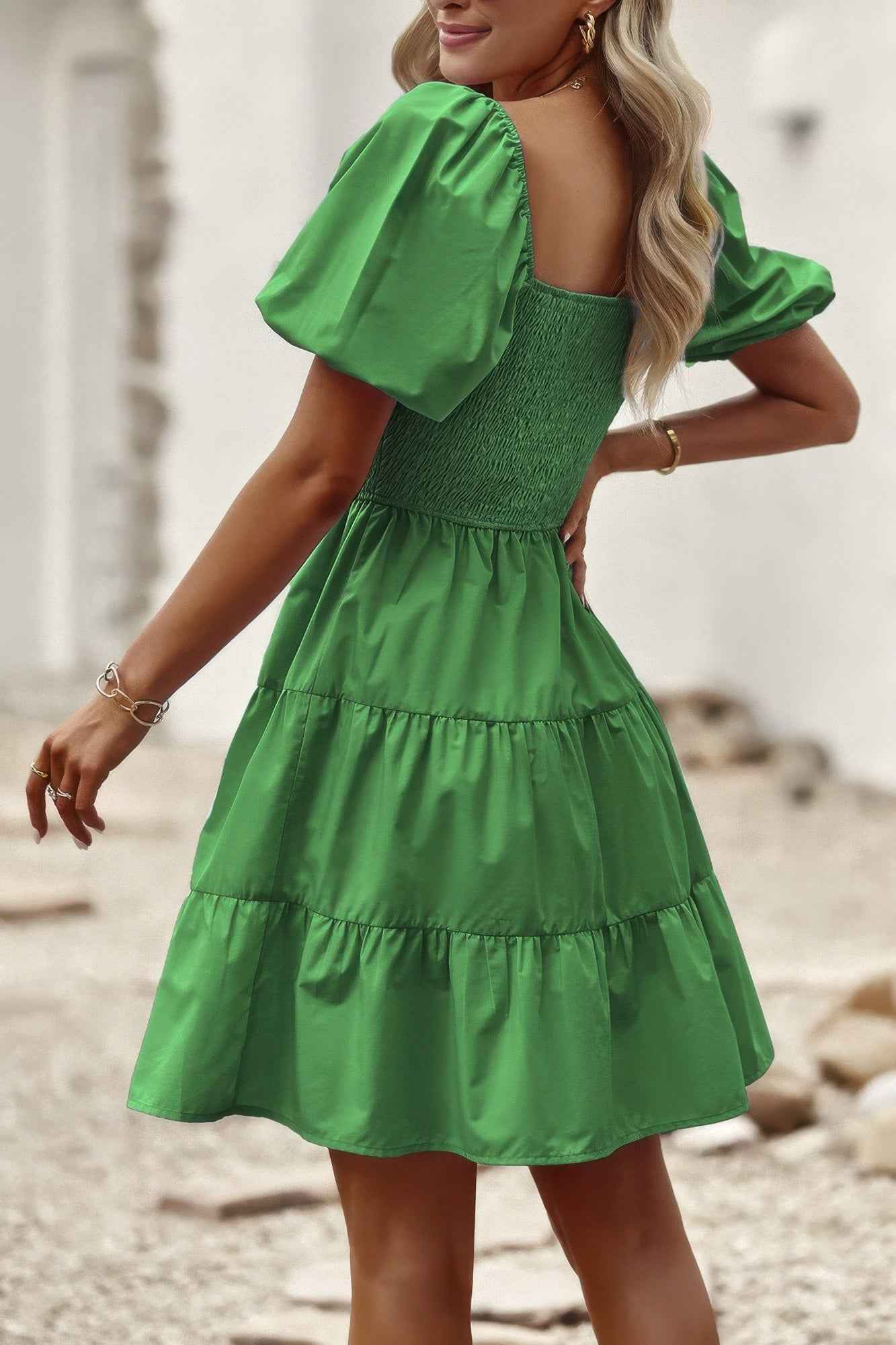 Square Neck Ruched Balloon Sleeve Smocked Midi Dress