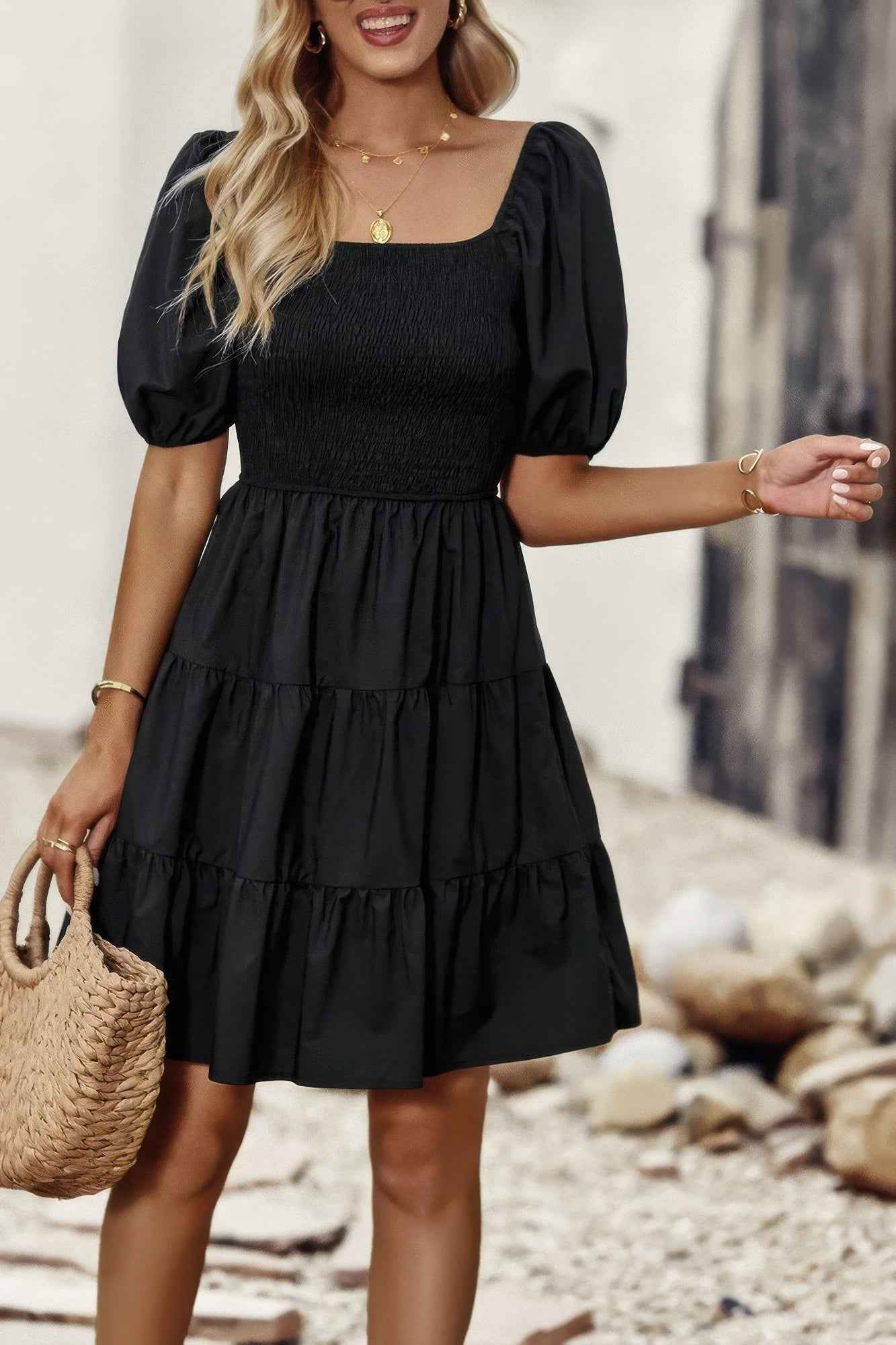 Square Neck Ruched Balloon Sleeve Smocked Midi Dress