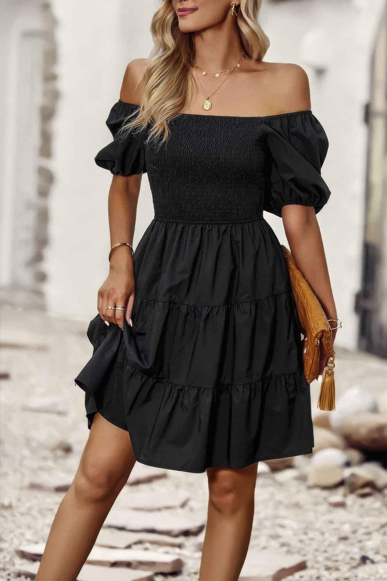 Square Neck Ruched Balloon Sleeve Smocked Midi Dress