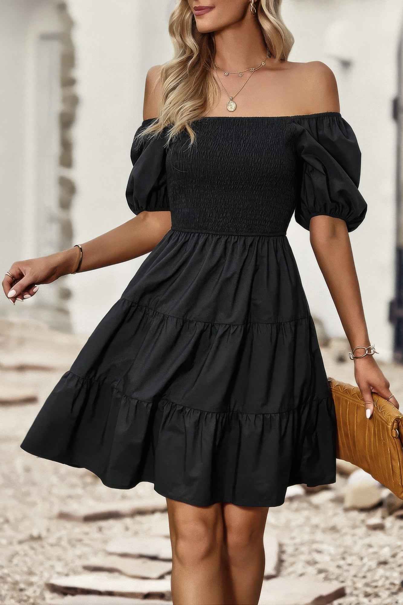 Square Neck Ruched Balloon Sleeve Smocked Midi Dress