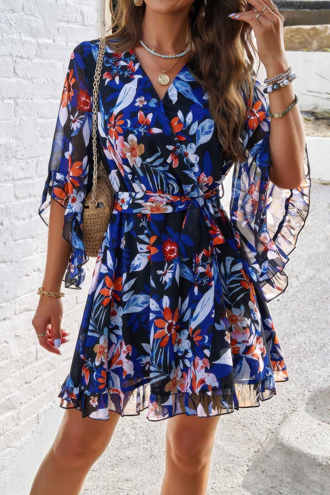 Floral V Neck Waist Tie Ruffle Hem Wrap Dress