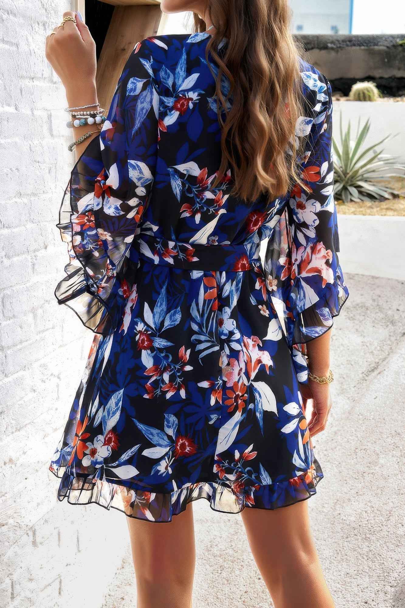 Floral V Neck Waist Tie Ruffle Hem Wrap Dress