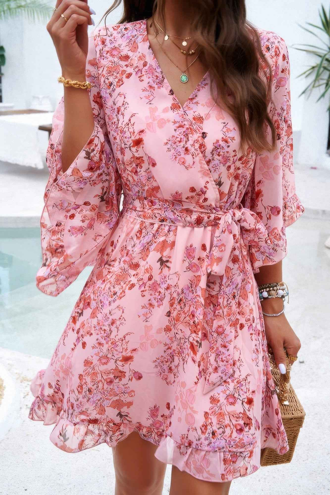 Floral V Neck Waist Tie Ruffle Hem Wrap Dress