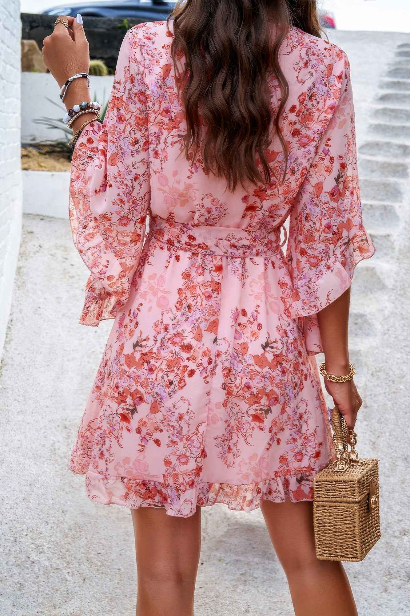 Floral V Neck Waist Tie Ruffle Hem Wrap Dress