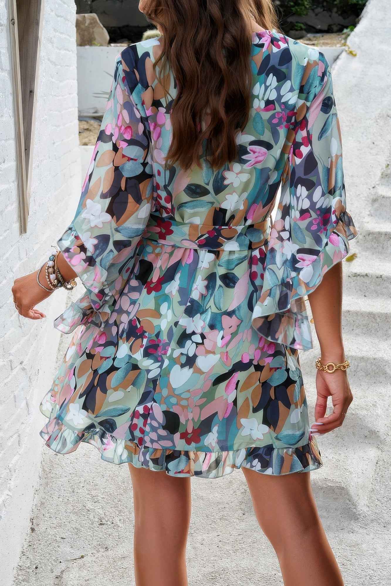 Floral V Neck Waist Tie Ruffle Hem Wrap Dress