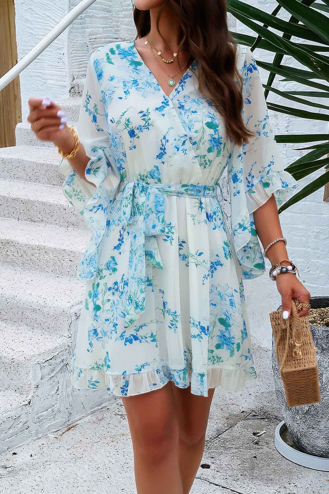 Floral V Neck Waist Tie Ruffle Hem Wrap Dress