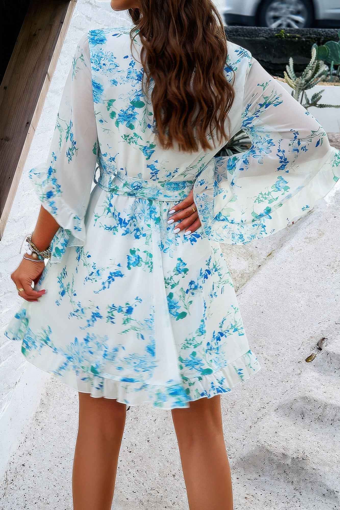 Floral V Neck Waist Tie Ruffle Hem Wrap Dress