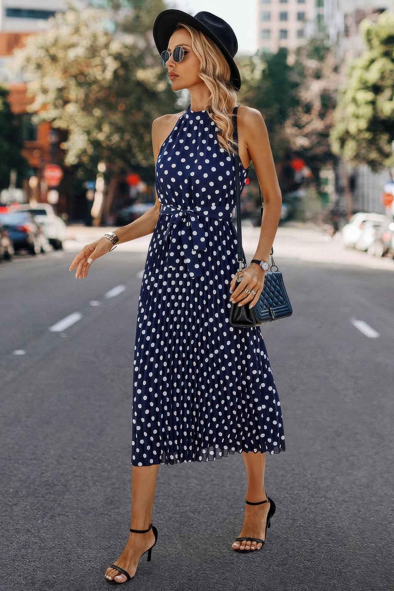 Dot Print Open Shoulder Fit Knot Belt Dress
