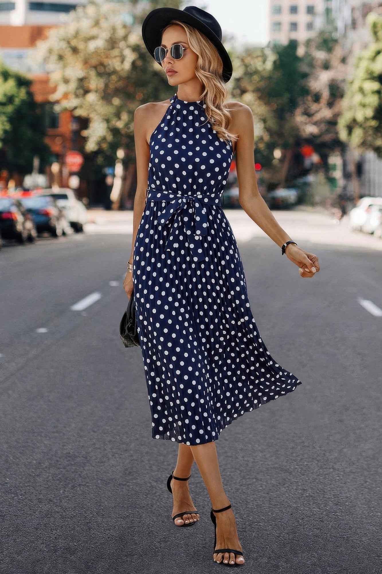 Dot Print Open Shoulder Fit Knot Belt Dress
