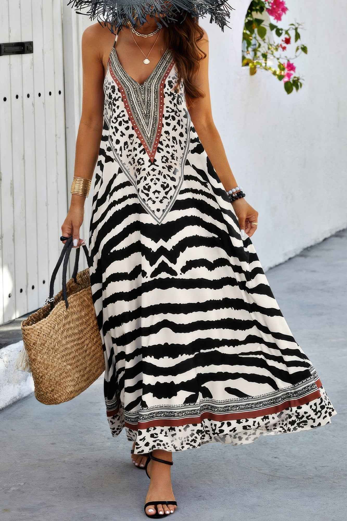 Animal Print Halter Deep V Ruffle Maxi Dress