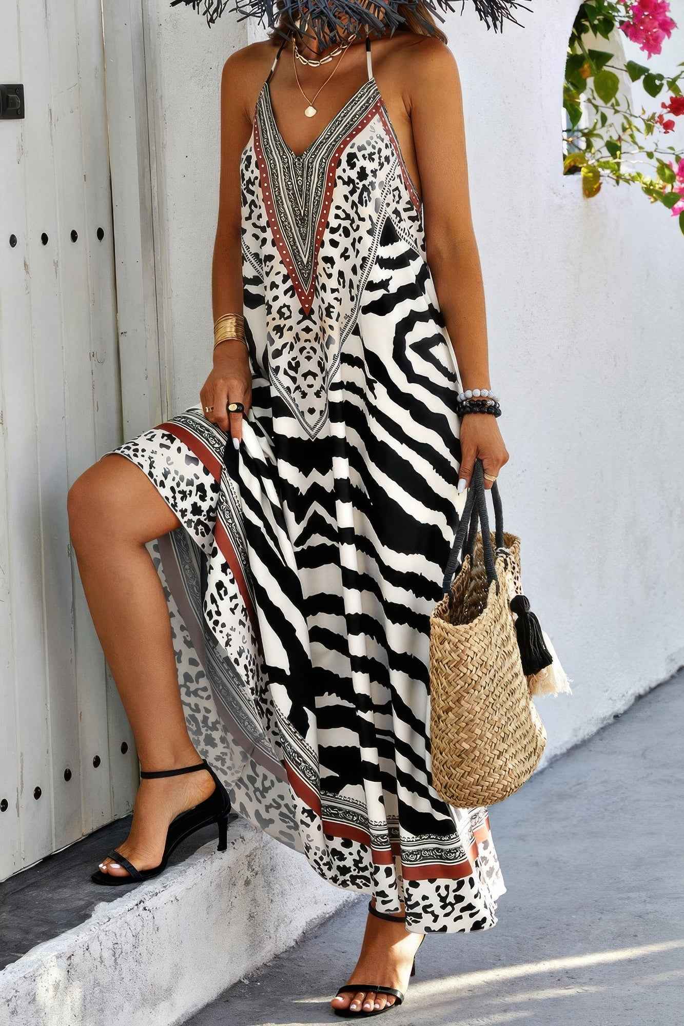 Animal Print Halter Deep V Ruffle Maxi Dress