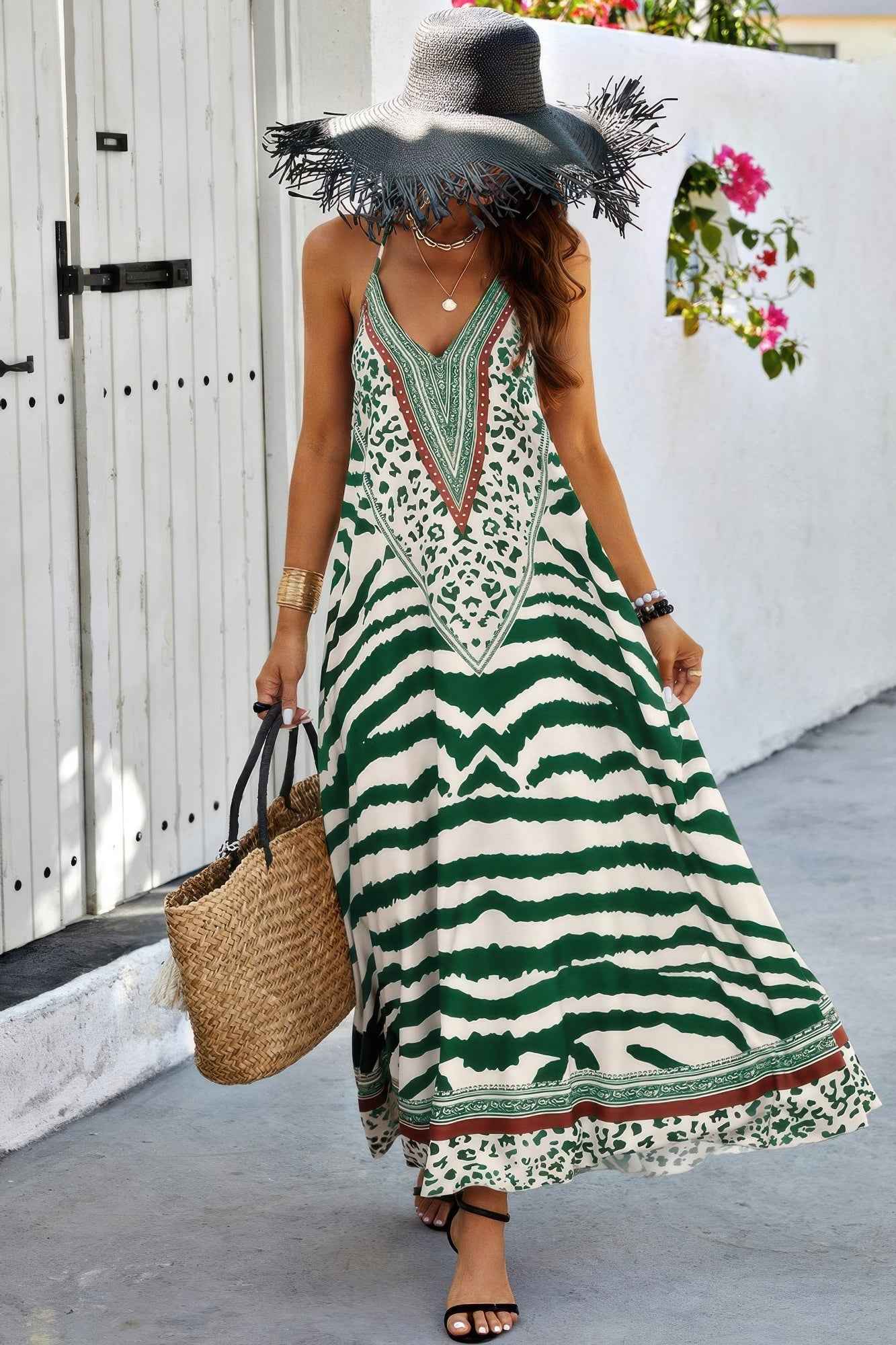 Animal Print Halter Deep V Ruffle Maxi Dress