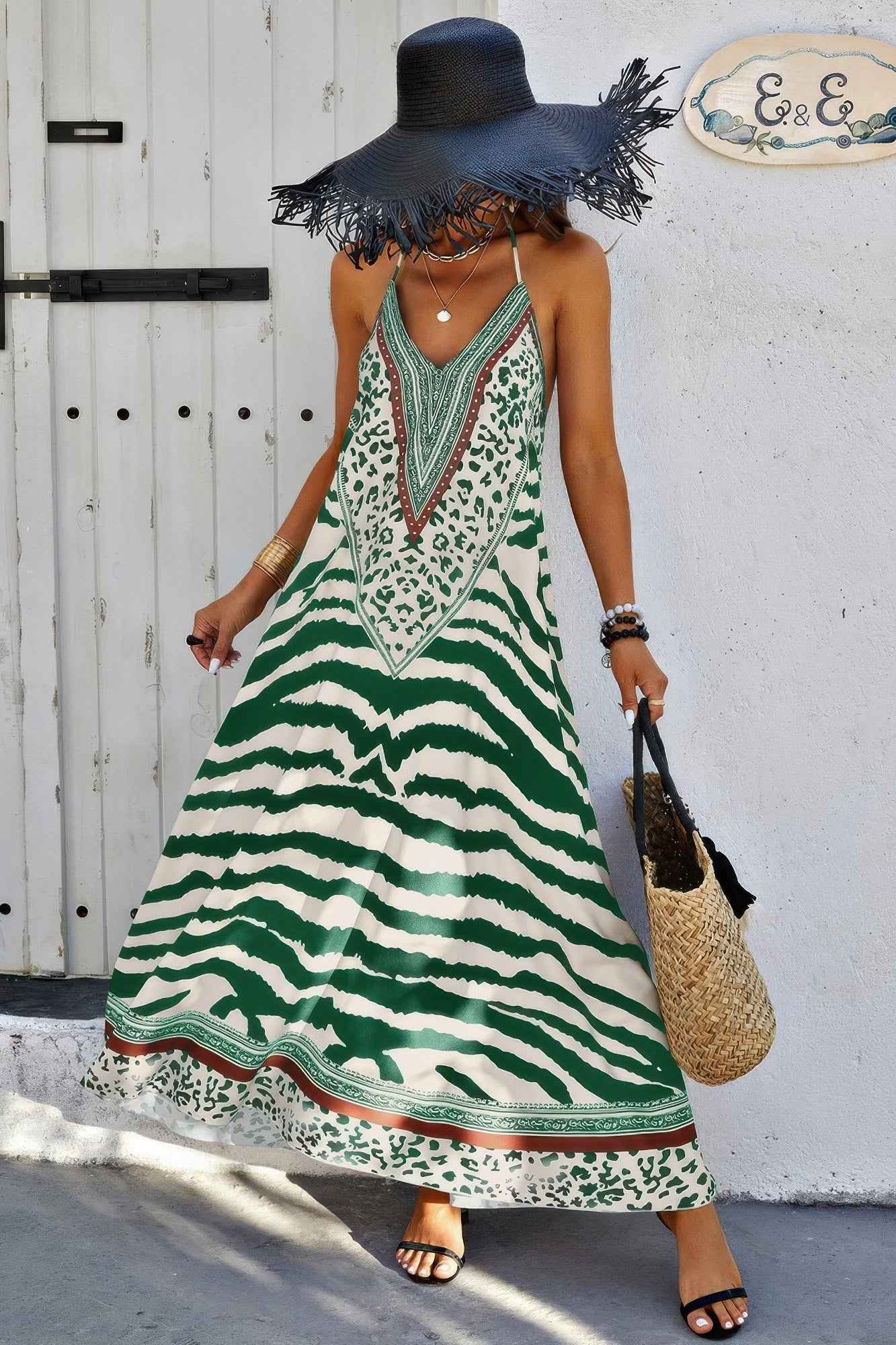 Animal Print Halter Deep V Ruffle Maxi Dress