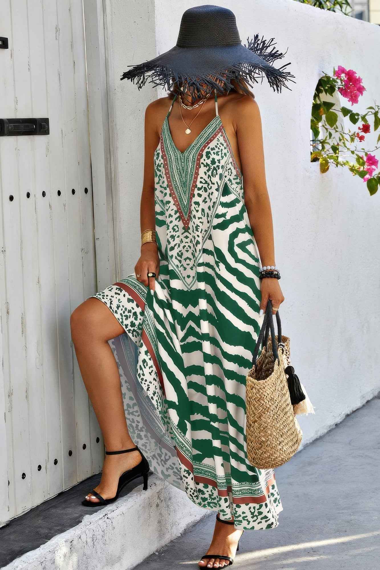 Animal Print Halter Deep V Ruffle Maxi Dress