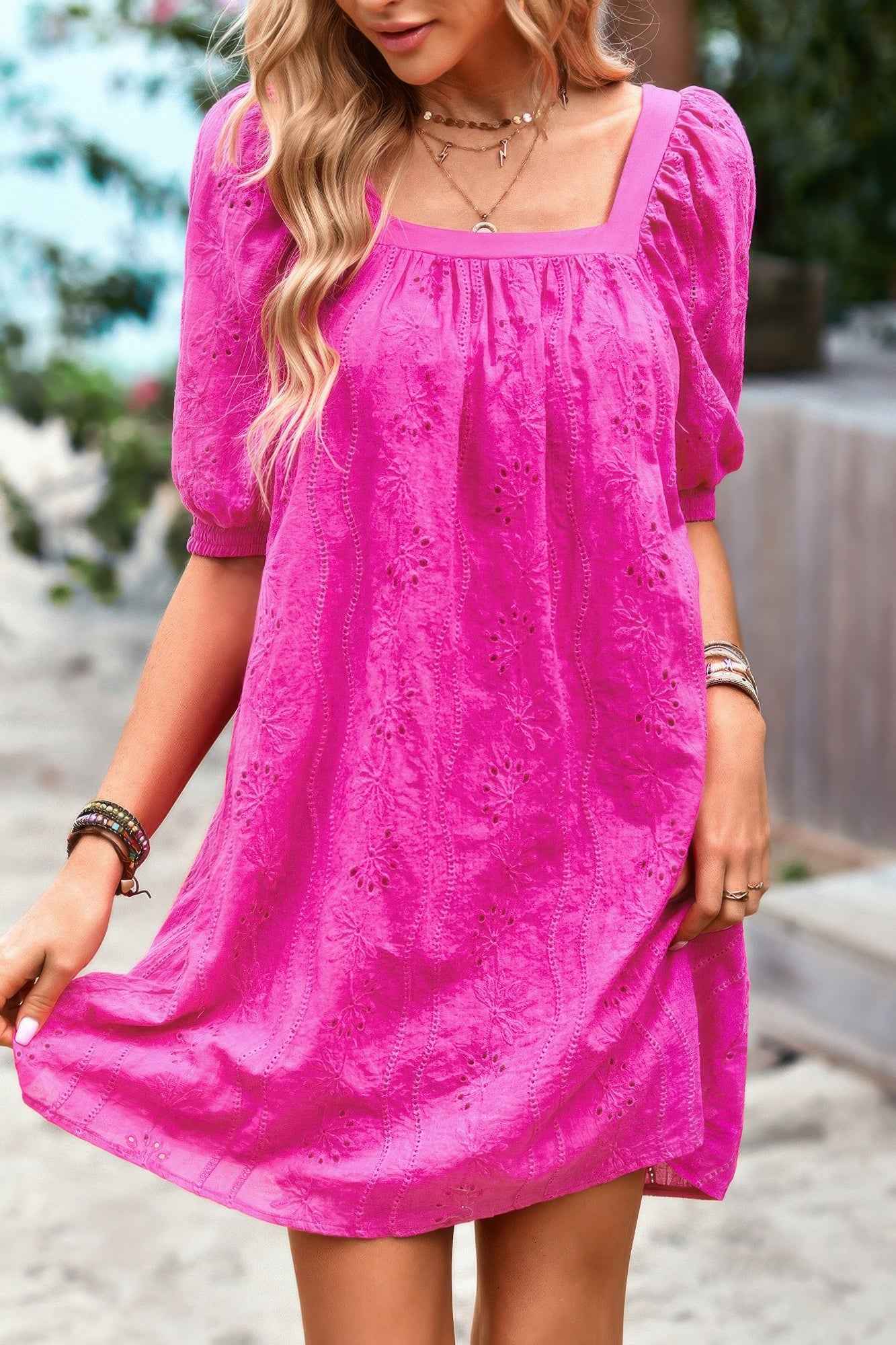 Square Neck Short Bubble Sleeve Babydoll Dress