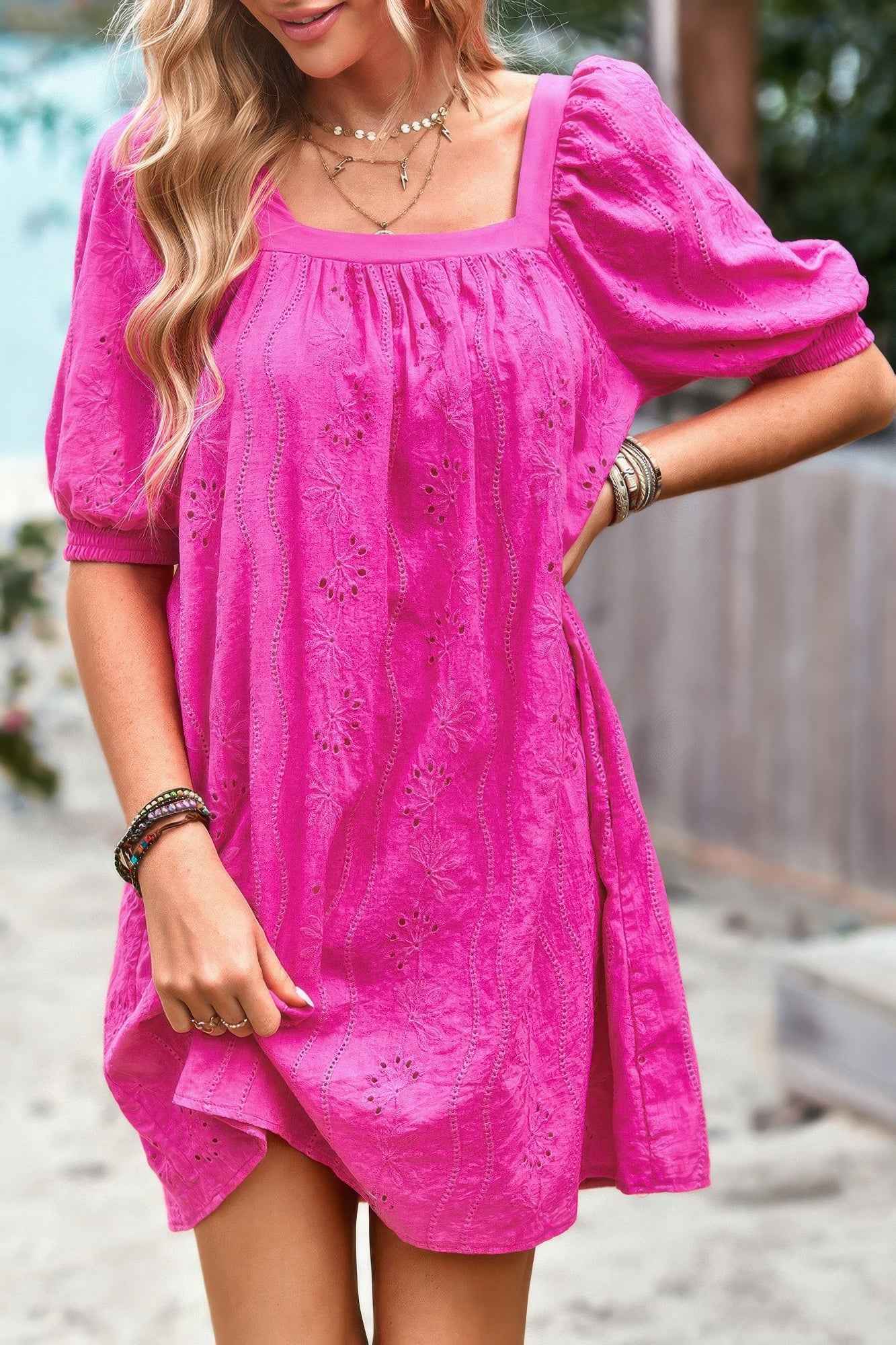 Square Neck Short Bubble Sleeve Babydoll Dress