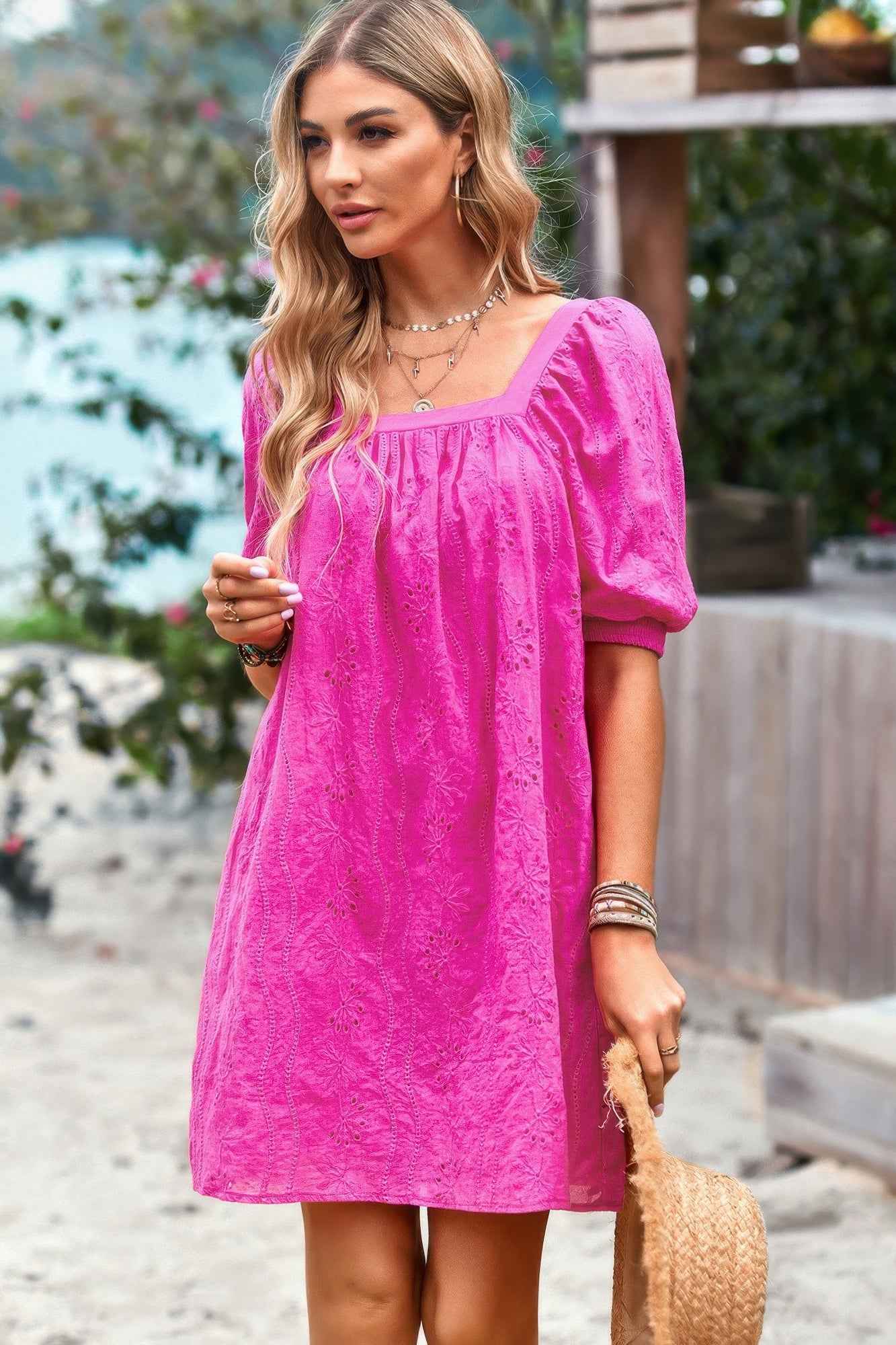 Square Neck Short Bubble Sleeve Babydoll Dress