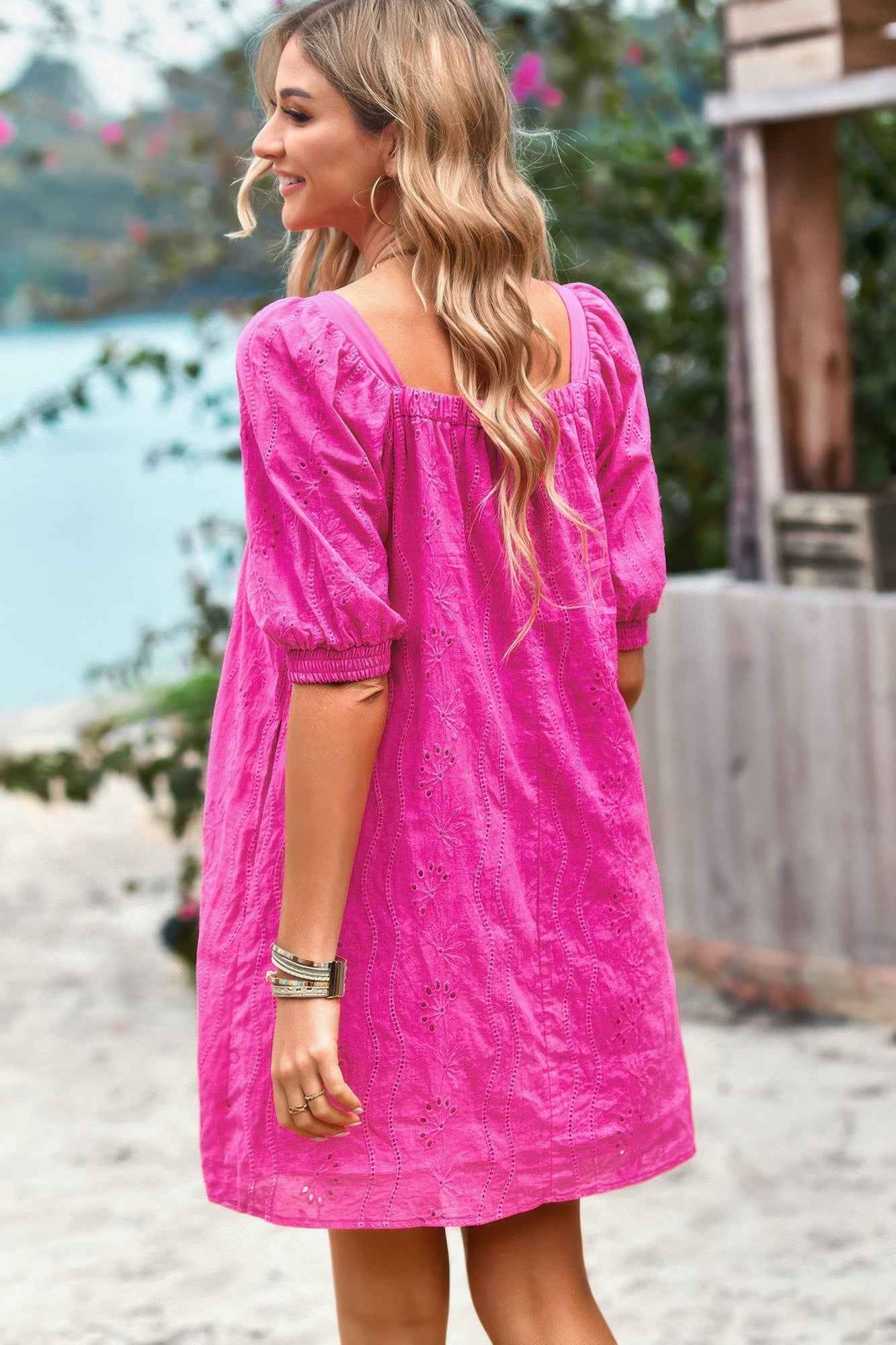 Square Neck Short Bubble Sleeve Babydoll Dress