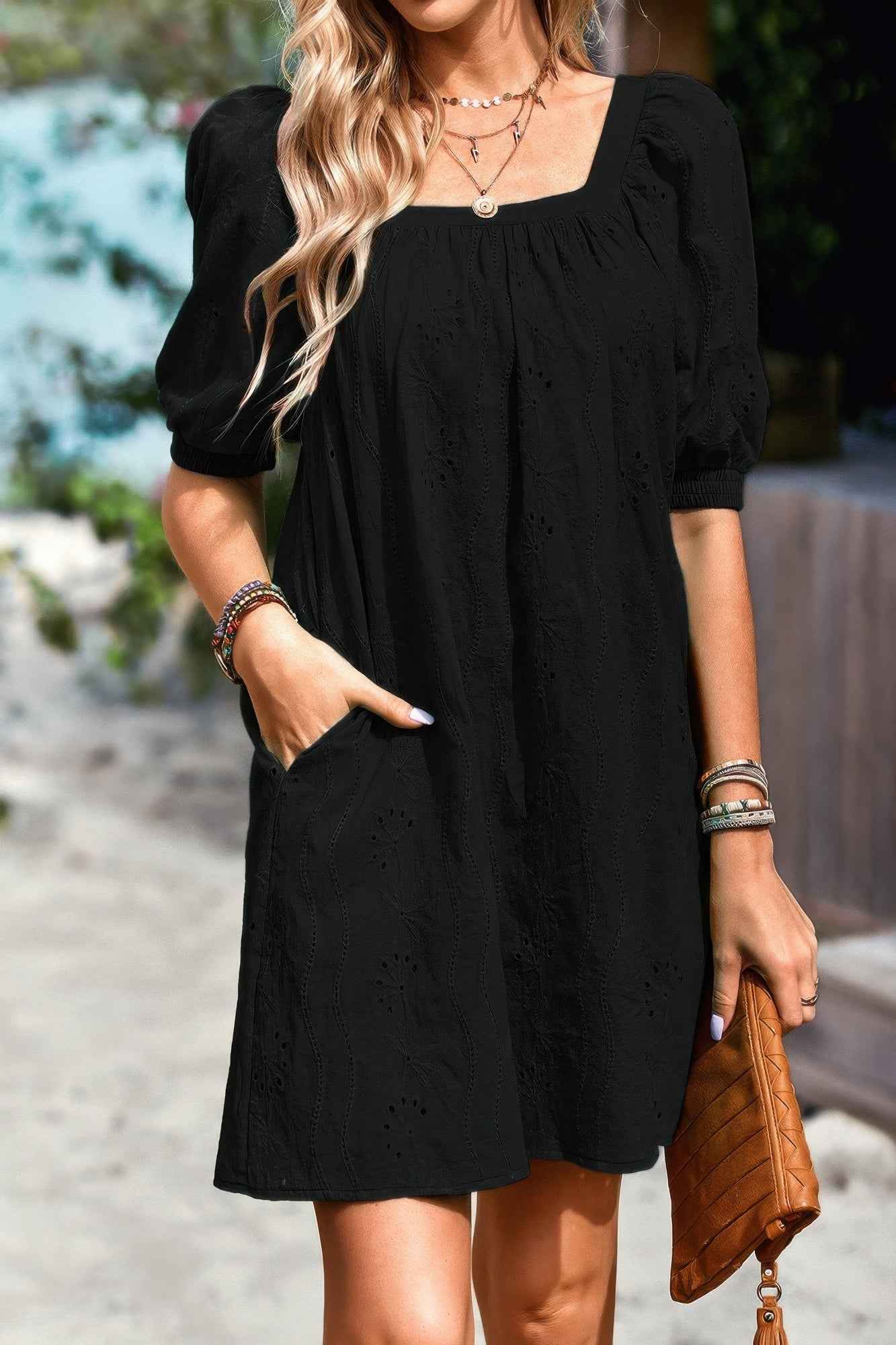 Square Neck Short Bubble Sleeve Babydoll Dress