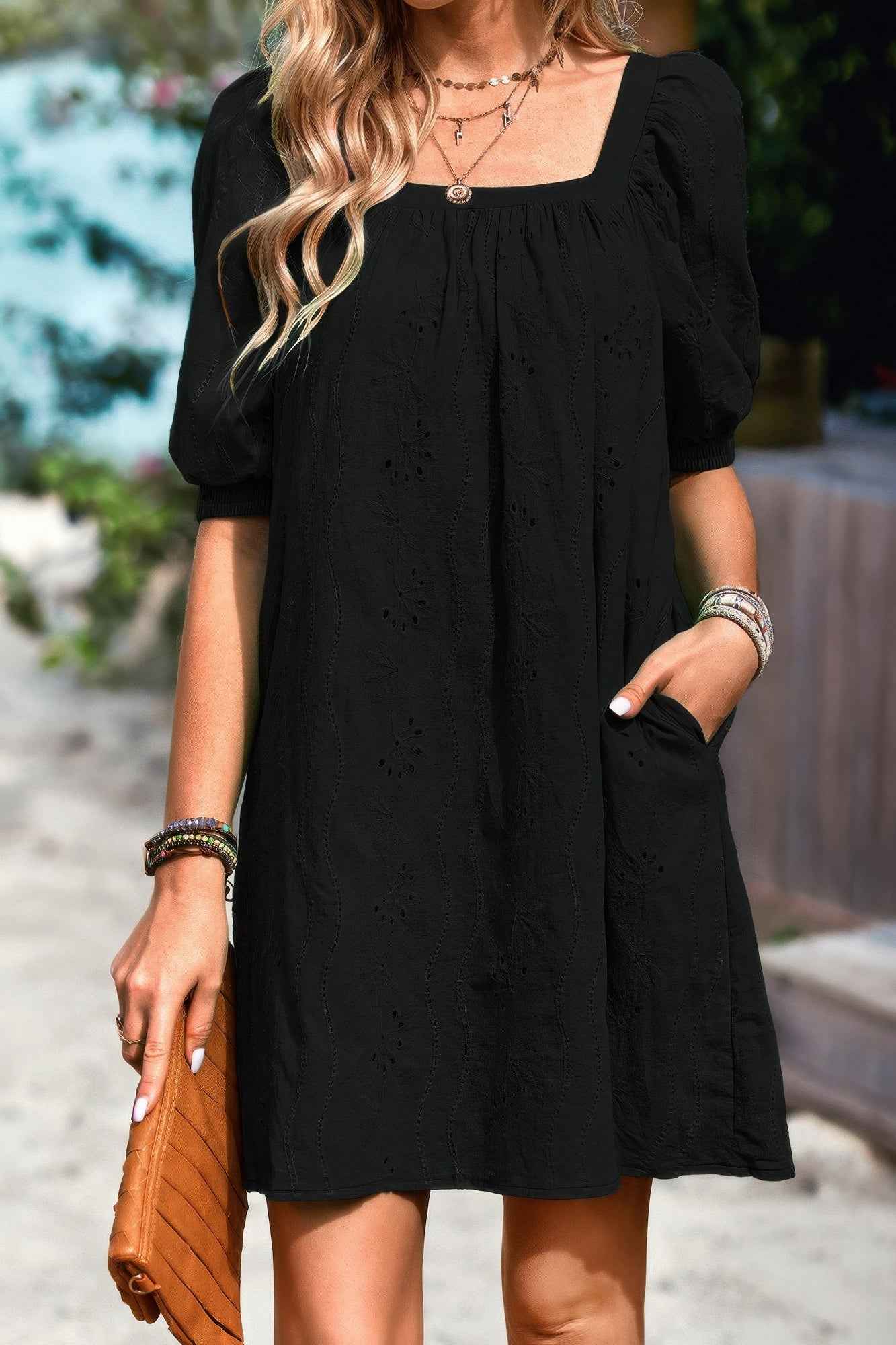 Square Neck Short Bubble Sleeve Babydoll Dress