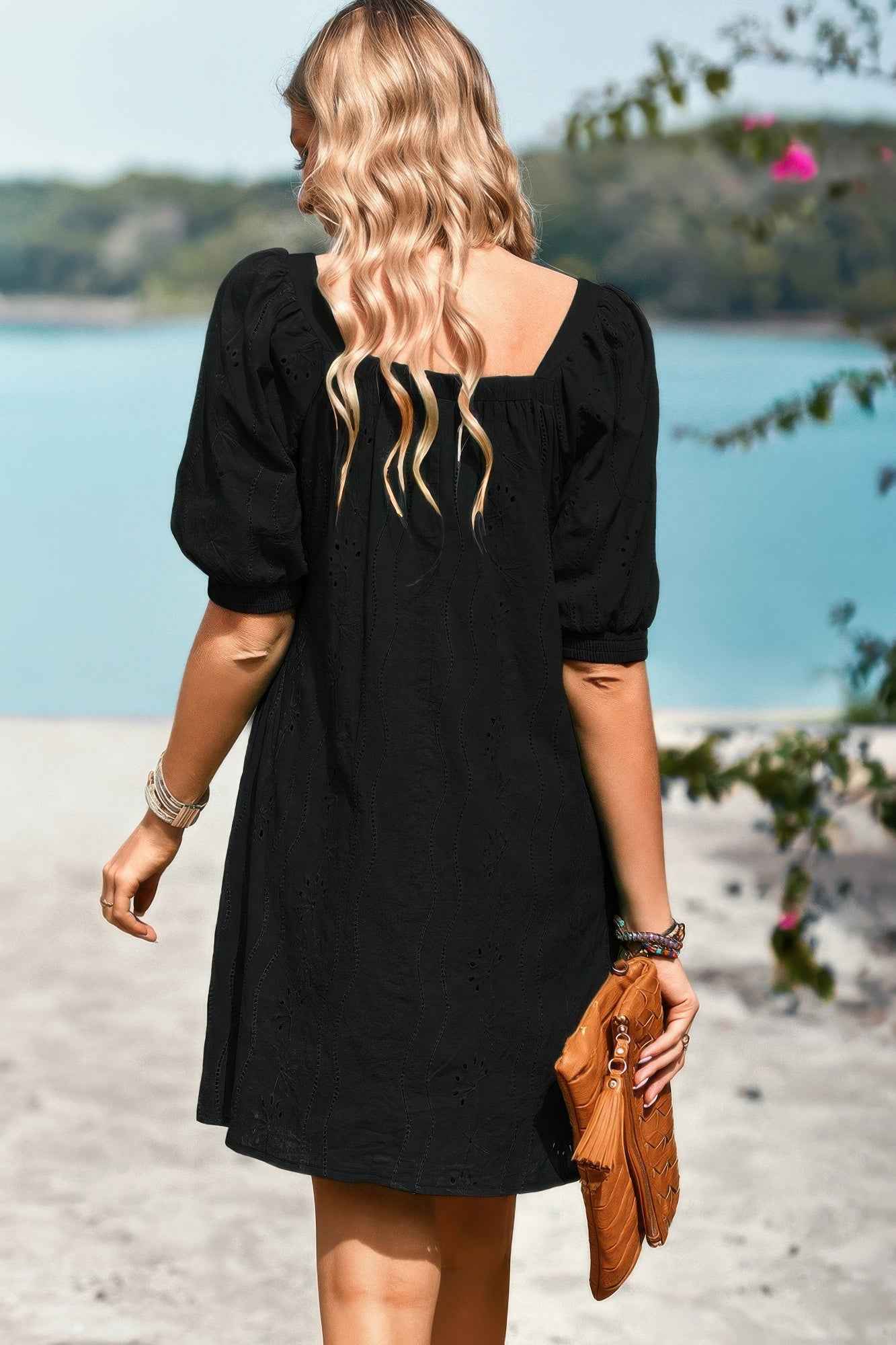 Square Neck Short Bubble Sleeve Babydoll Dress