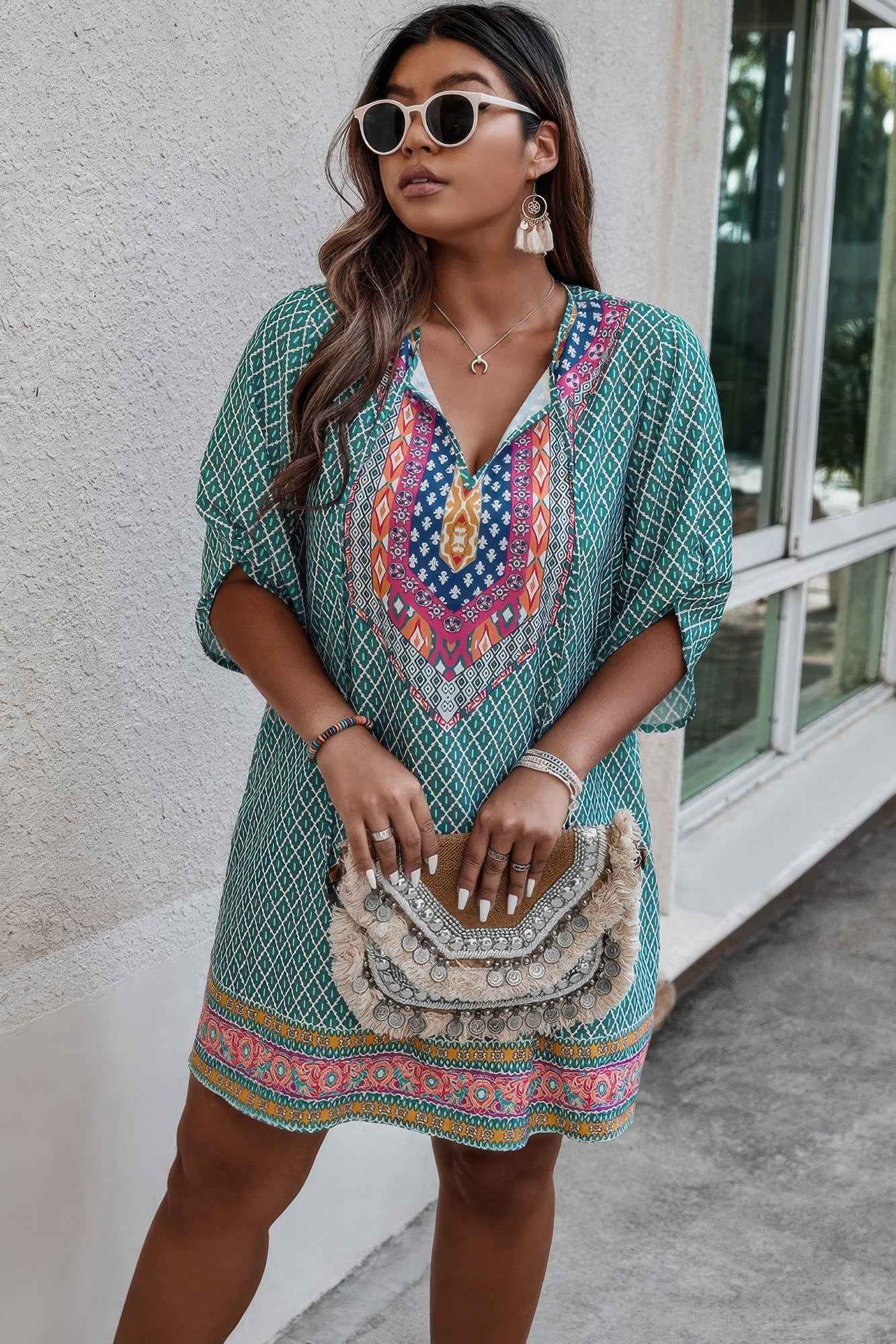 Plus Size V Neck Printed Loose Fit Midi Dress
