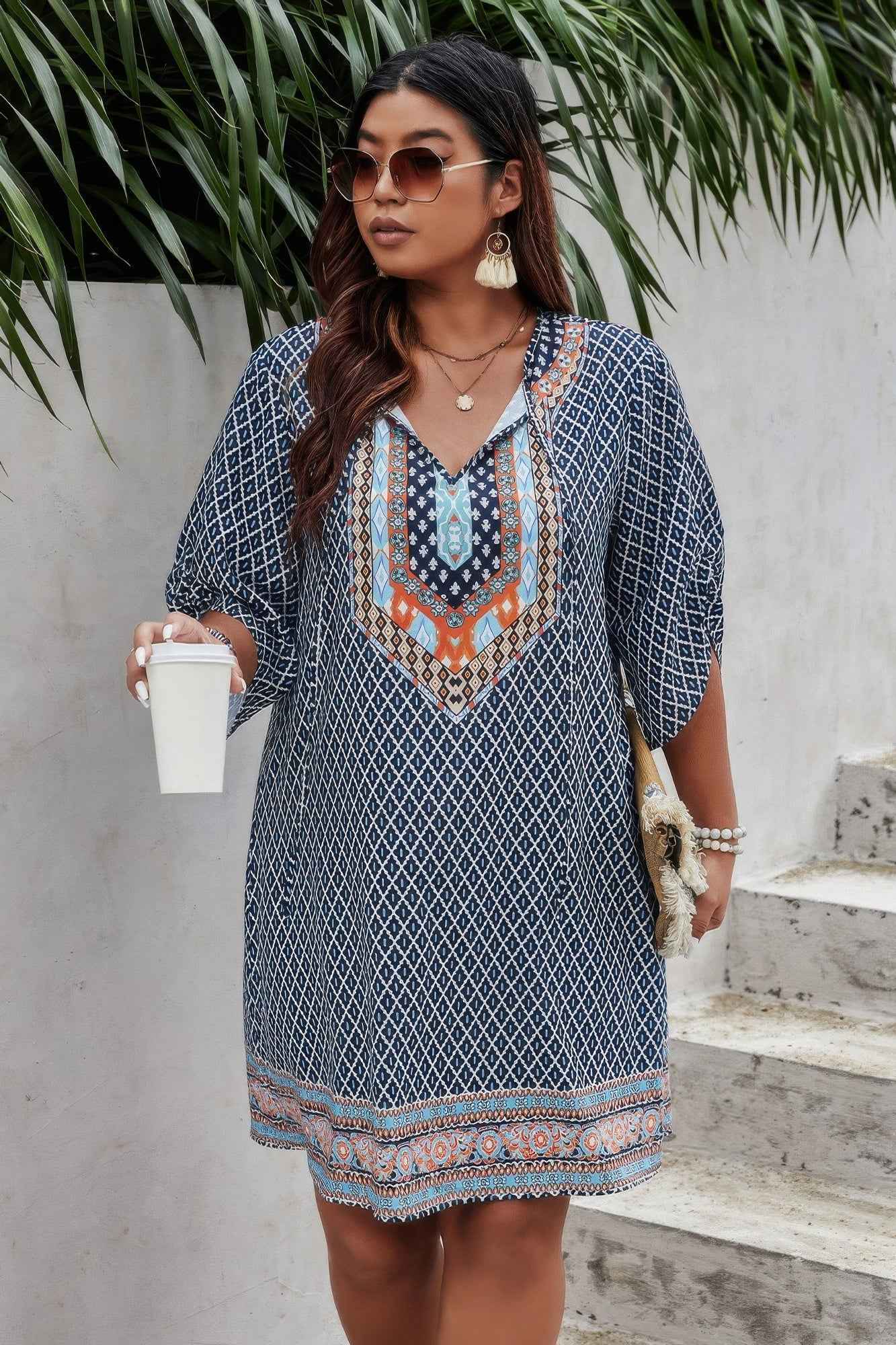 Plus Size V Neck Printed Loose Fit Midi Dress
