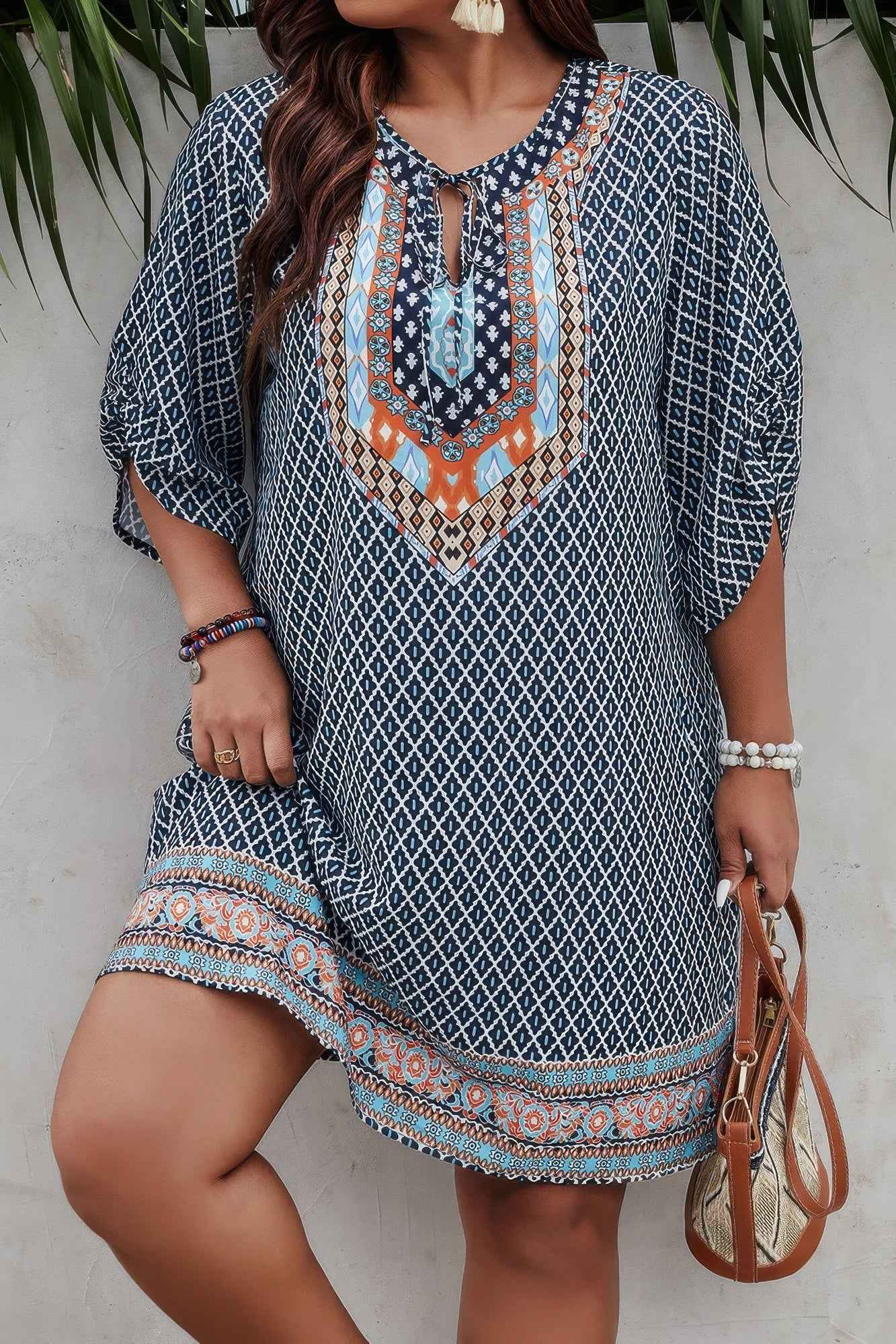 Plus Size V Neck Printed Loose Fit Midi Dress
