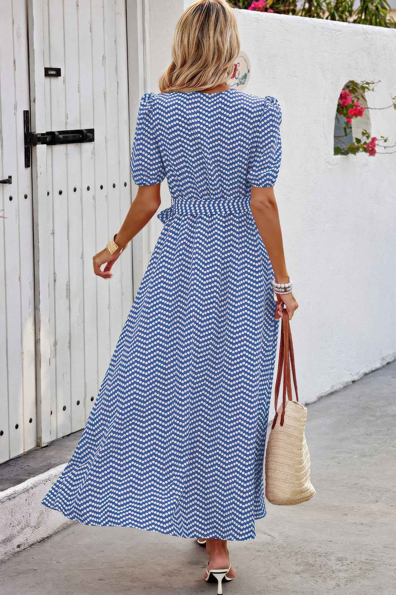 Dot Print Open Front Belt Knot V Neck Dress