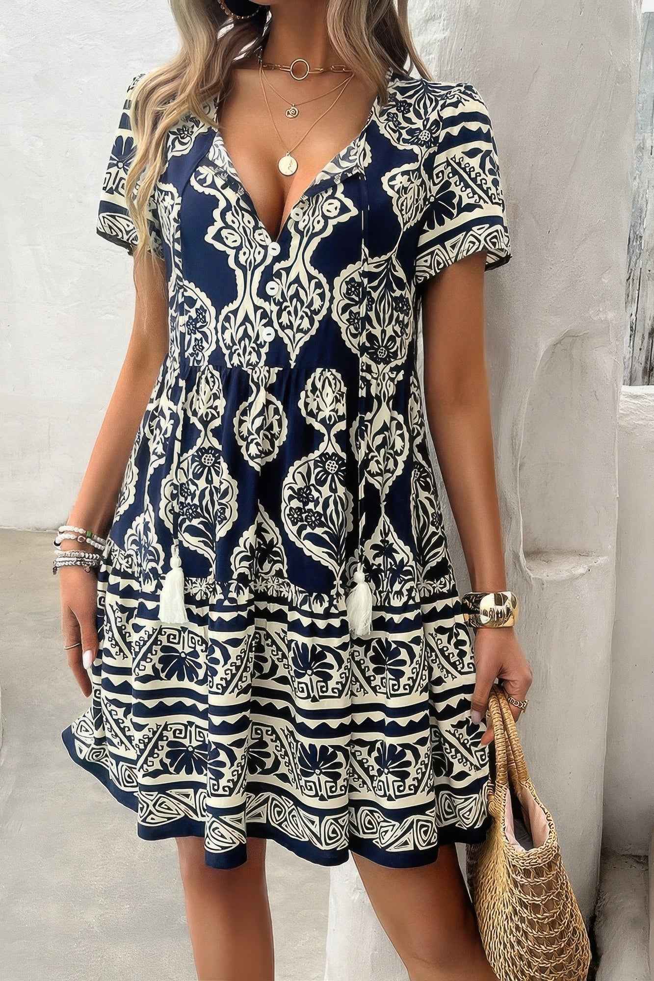 Deep V Neck Allover Print Ruffle Tassel Dress