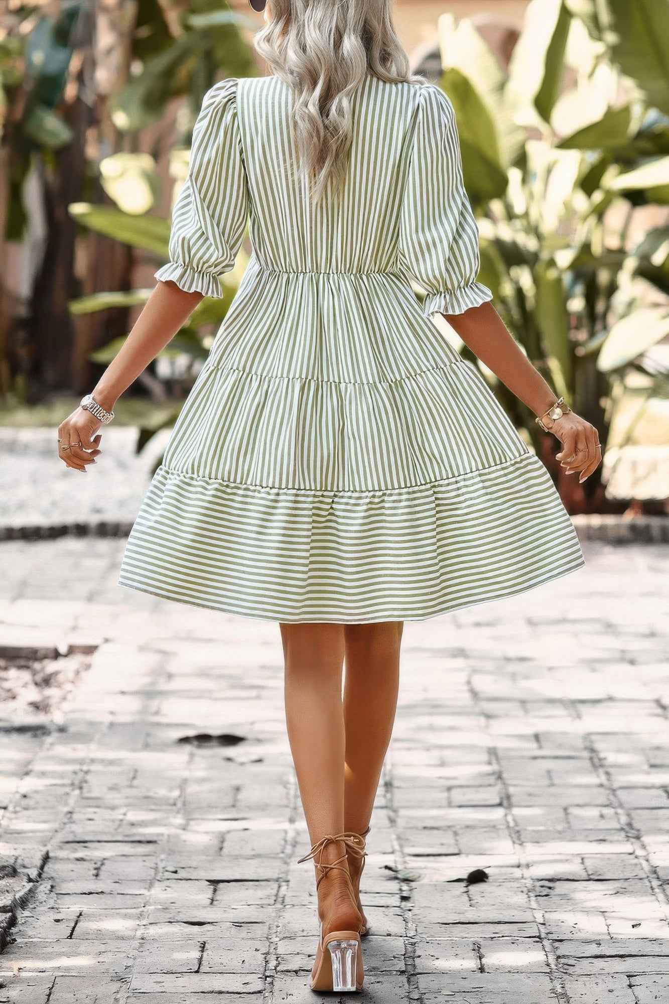 Strip V Neck Button Puff Sleeves High Waist Dress